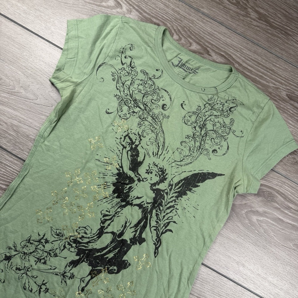 Jimmy'z Women's Angel Graphic Print Short Sleeve Tee Green Size Large